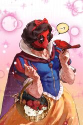  ... ...? 1boy ? apple asaki_r basket black_hair blue_dress bow bow_headband burn_scar cape cardinal_(animal) carrying commentary commission cosplay cowboy_shot crossdressing crossdressing_(mtf) deadpool deadpool_(series) disney dress food fruit gradient_background gun headband highres holding holding_basket looking_at_animal male_focus marvel multicolored_dress muscular muscular_male no_pupils pink_background puff_and_slash_sleeves puffy_sleeves red_bow red_cape red_headband red_mask scar short_hair snow_white_(disney) snow_white_(disney)_(cosplay) snow_white_and_the_seven_dwarfs_(disney) solo sparkle speech_bubble spoken_ellipsis spoken_question_mark weapon white_trim wig yellow_background yellow_dress 