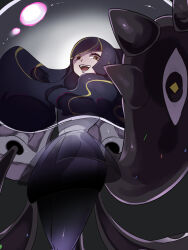  1girl :d black_hair black_pantyhose commentary_request dress eyelashes highres looking_at_viewer lusamine_(pokemon) lusamine_fused_(pokemon) nihilego nonnon0121 open_mouth pantyhose pokemon pokemon_(creature) pokemon_sm smile solo teeth tentacles white_dress yellow_eyes 