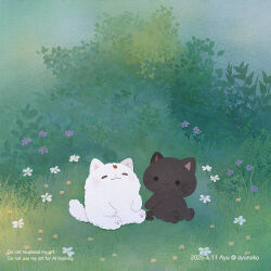  :3 animal animal_focus artist_name ayu_(mog) black_cat bug cat closed_eyes closed_mouth commentary_request dated flower grass highres ladybug no_humans original outdoors solid_circle_eyes twitter_username watermark whiskers white_cat white_flower 