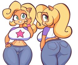  1girl animal ass back backboob bandicoot bluepants bottomwear bracelet breasts crash_bandicoot_(series) from_behind furry huge_ass jek_korpen jewelry large_breasts non-web_source 