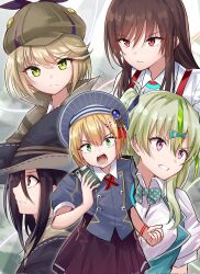  5girls black_hair blonde_hair bow bowtie brown_hair clenched_teeth closed_mouth coat collared_shirt green_bow green_eyes green_hair hair_between_eyes hair_ornament hairclip hat highres holding irene_redmayne jacket long_hair maruyama_kanata multicolored_hair multiple_girls ooshima_isuzu open_mouth parted_lips phone pleated_skirt puffy_short_sleeves puffy_sleeves red_eyes ribbon rrtp school_uniform shirt short_hair short_sleeves skirt streaked_hair suspender_skirt suspenders teeth tenne_miko v-shaped_eyebrows violet_eyes white_shirt witch_hat yanagi_mion yellow_eyes 