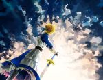  armor blonde_hair double_bun dutch_angle excalibur fate/stay_night fate_(series) from_behind gauntlets hair_bun hali hands_on_hilt ribbon saber short_hair sky solo sword weapon 