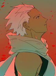  1boy archer_(fate) armor black_armor breastplate code3755 commentary_request dark-skinned_male dark_skin fate/stay_night fate_(series) highres male_focus scarf solo spiky_hair upper_body white_hair 