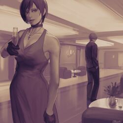  1boy 1girl ada_wong alcohol bare_shoulders breasts champagne_flute choker closed_mouth couch cross cross_necklace cup dress dress_shoes drink drinking_glass formal_clothes gloves hair_between_eyes hallway hand_in_pocket highres holding holding_cup indoors jacket jewelry kurumi031212 latin_cross leon_s._kennedy long_sleeves medium_breasts necklace pants resident_evil sepia short_hair sleeveless sleeveless_dress standing suit_jacket swept_bangs table vase 