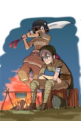  2girls absurdres brown_eyes brown_hair campfire combat_helmet commentary_request dayue full_body guan_dao helmet highres holding holding_sword holding_weapon imperial_japanese_army kuomintang long_hair military military_uniform multiple_girls national_revolutionary_army original outdoors polearm ponytail second_sino-japanese_war short_hair sitting stahlhelm sword very_long_hair weapon 