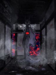  absurdres architecture commentary_request east_asian_architecture froslass full_body highres horimhkw11 horns indoors long_hair looking_at_viewer mega_froslass mega_pokemon no_humans open_mouth pokemon pokemon_(creature) pokemon_focus pokemon_legends:_z-a shouji sliding_doors solo standing white_eyes 