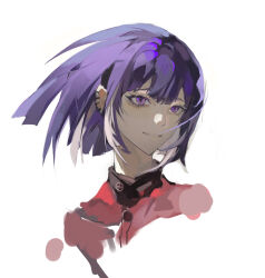  1boy absurdres buttons chinese_commentary colored_inner_hair commentary_request cropped_shoulders earclip grin highres jacket male_focus multicolored_hair purple_hair red_jacket short_hair simple_background smile solo the_hundred_line_-last_defense_academy- tsukumo_ima two-tone_hair violet_eyes white_background white_hair yanshi583 