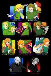  6+boys age_comparison alternate_universe apple armor belt bird black_belt black_border black_hat black_tunic blue_eyes book border brown_shoes chainmail child collared_shirt commentary_request copyright_name dual_persona earrings food fruit green_hat green_tunic hair_over_one_eye hat highres holding holding_book holding_food holding_fruit holding_instrument instrument jewelry ktmr_mgmg link loftwing long_hair majora_(entity) mask multiple_boys ocarina open_mouth parted_bangs parted_lips phrygian_cap pointy_ears red_eyes shirt shoes short_hair sidelocks smile swept_bangs the_legend_of_zelda the_legend_of_zelda:_a_link_between_worlds the_legend_of_zelda:_a_link_to_the_past the_legend_of_zelda:_link's_awakening the_legend_of_zelda:_majora's_mask the_legend_of_zelda:_ocarina_of_time the_legend_of_zelda:_skyward_sword the_legend_of_zelda:_the_wind_waker the_legend_of_zelda:_twilight_princess toon_link triforce tunic upper_body white_hair white_shirt wolf_link 