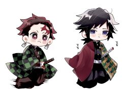 2boys belt black_hair black_jacket black_pants blue_eyes brown_hair buttons checkered_haori chibi chibi_only closed_mouth cocona_kmt commentary_request demon_slayer_uniform earrings gold_buttons hanafuda_earrings haori high_collar highres jacket japanese_clothes jewelry kamado_tanjirou katana kikkoumon kimetsu_no_yaiba long_hair low_ponytail male_focus multiple_boys pants ponytail print_haori red_haori simple_background spiky_hair sword tomioka_giyuu weapon white_background white_belt 