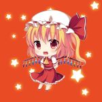  1girl :d arms_behind_back blonde_hair blush chibi fang flandre_scarlet looking_at_viewer mob_cap open_mouth red_eyes short_hair side_ponytail skirt skirt_set smile solo star swami touhou vest wings 