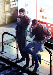  2boys adjusting_clothes adjusting_headwear against_railing akiyama_shun arai_hiroaki bag baseball_cap black_hair cigarette city commentary_request denim grocery_bag hat highres holding holding_cigarette homeless jeans male_focus multiple_boys necktie nicacu night pants railing ryuu_ga_gotoku_(series) ryuu_ga_gotoku_4 shopping_bag smoking suit vending_machine 