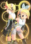  1girl :p absurdres aqua_eyes arm_warmers bare_shoulders black_legwear black_thighhighs blonde_hair blush brother_and_sister detached_sleeves hair_ornament hair_ribbon hairclip headphones highres kagamine_len kagamine_len_(append) kagamine_rin kagamine_rin_(append) kuroneko_shiro leg_warmers looking_back mound_of_venus navel no_panties open_fly open_shorts popped_collar ribbon short_hair shorts siblings smile thigh-highs thighhighs tongue twins undressing vocaloid vocaloid_append 