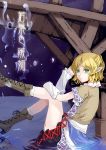 arm_warmers blonde_hair boots cross-laced_footwear extra_ears lace-up_boots legs mizuhashi_parsee pointy_ears scarf short_hair sindre sitting solo touhou water 