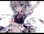  bad_id blue_eyes braid character_name izayoi_sakuya knife maid maid_headdress short_hair silver_hair smtk solo throwing_knife touhou twin_braids weapon 