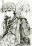  animal_ears back-to-back bandolier bunny_ears charlotte_e_yeager gertrud_barkhorn highres kisetsu long_hair military military_uniform monochrome multiple_girls panties sketch strike_witches traditional_media twintails underwear uniform 