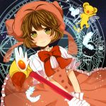  bow brown_hair card_captor_sakura cardcaptor_sakura child dress feathers fuuin_no_tsue gloves green_eyes hat kero kinomoto_sakura komine magic_circle magical_girl ribbon short_hair smile wand 