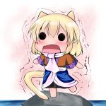  animal_ears blonde_hair blush cat_ears cat_tail chibi extra_ears fang hoshizuki_(seigetsu) kemonomimi_mode mizuhashi_parsee open_mouth pointy_ears puru-see rock scarf seigetu short_hair solid_circle_eyes solo standing_on_one_leg tail touhou trapped trembling water 