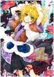  absurdres acrylic_paint_(medium) arm_warmers arms_up blonde_hair flower green_eyes highres mizuhashi_parsee petals sagami scarf short_hair smile solo touhou traditional_media 
