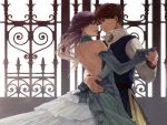  1boy 1girl alternate_costume back brown_hair butz_klauser couple dancing dress faris_scherwiz final_fantasy final_fantasy_v formal gate hand_holding historical holding_hands katsura_(+araka) lace long_hair purple_hair short_hair 