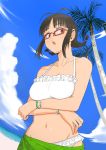  :o akizuki_ritsuko antenna_hair bare_shoulders bikini bracelet braid breast_hold breast_squeeze breasts brown_eyes brown_hair cleavage glasses halterneck idolmaster jewelry navel open_mouth palm_tree perspective red-framed_glasses sarong solo swimsuit tree tsurui twin_braids 