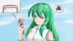  angry bare_shoulders breasts cellphone detached_sleeves frog green_eyes green_hair hair_ornament kochiya_sanae leon_(artist) long_hair open_mouth phone snake solo speech_bubble touhou 