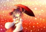  absurdres ascot bow brown_eyes brown_hair detached_sleeves detsu hair_bow hair_ornament hakurei_reimu highres japanese_clothes miko oriental_umbrella smile solo touhou umbrella 