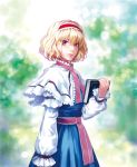  1girl alice_margatroid ascot blonde_hair blue_eyes book capelet hairband highres holding holding_book lips long_sleeves looking_at_viewer matsuda_(matsukichi) short_hair solo touhou 