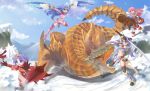  battle blango_(armor) dual_wielding hiiragi_kagami hiiragi_tsukasa izumi_konata jak kirin_(armor) lucky_star monster_hunter multiple_girls parody stuffed_animal stuffed_toy sword takara_miyuki tigrex weapon 