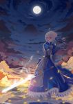  absurdres ahoge armor armored_dress artist_request back blonde_hair dress excalibur fate/stay_night fate_(series) full_moon glowing glowing_sword glowing_weapon hair_ribbon highres moon ribbon saber sky solo sword weapon 