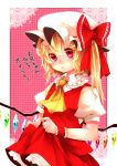  ascot bad_id blonde_hair dress dress_lift flandre_scarlet hat highres red_eyes short_hair side_ponytail solo tears the_embodiment_of_scarlet_devil touhou translated translation_request wings yutazou 