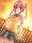  highres long_hair nana_asta_deviluke open_mouth pink_hair purple_eyes rennkuu school_uniform skirt solo sunset sweater_vest to_love-ru toloveru twintails violet_eyes 