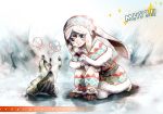  angry arm_support blue_eyes blush breath earmuffs emoticon fangs gloves grin hat highres ice kneeling minimaru monster_hunter monster_hunter_portable_3rd open_mouth size_difference smile snow urukususu urukususu_(armor) winter_clothes 
