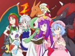  5girls bat_wings blonde_hair blue_eyes blue_hair book braid charizard crescent fang flandre_scarlet froslass gardevoir green_eyes hat highres holding holding_book holding_poke_ball hong_meiling izayoi_sakuya long_hair lucario maid maid_headdress matatabeat multiple_girls open_book parody patchouli_knowledge poke_ball pokemon pokemon_(creature) pokemon_(game) purple_eyes purple_hair red_eyes red_hair remilia_scarlet short_hair side_ponytail silver_hair style_parody telekinesis touhou twin_braids waist_poke_ball wings zoroark 