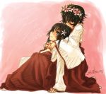  arm_support black_hair blush closed_eyes eyes_closed flower hair_flower hair_ornament hug hug_from_behind japanese_clothes kneeling long_hair miko multiple_girls ryou_(shirotsumesou) saten_ruiko short_hair signature sitting to_aru_kagaku_no_railgun to_aru_majutsu_no_index uiharu_kazari 