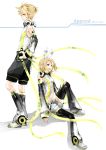  arm_warmers bad_id blonde_hair blue_eyes brother_and_sister detached_sleeves hair_ornament hair_ribbon hairclip headphones highres kagamine_len kagamine_len_(append) kagamine_rin kagamine_rin_(append) kogane leg_warmers ribbon short_hair shorts siblings smile twins vocaloid vocaloid_append 