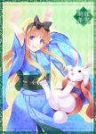  :d alice_(wonderland) blonde_hair blue_eyes bow bunny checkered clover hair_bow highres japanese_clothes kimono long_hair matsugawa new_year open_mouth rabbit smile spade white_rabbit 