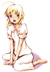  ahoge barefoot blonde_hair blush fate/stay_night fate_(series) green_eyes open_mouth pajamas saber sitting solo uraomote 