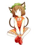  animal_ears brown_eyes brown_hair butterfly_sitting cat_ears cat_tail chen earrings hat indian_style jewelry koyumi multiple_tails short_hair sitting solo tail touhou 
