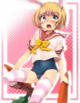  1boy animal_ears armin_arelet blonde_hair blue_eyes blush bunny_tail carrot crossdressinging male marimo_danshaku navel open_mouth rabbit_ears school_swimsuit school_uniform serafuku shingeki_no_kyojin short_hair solo swimsuit tail tears thigh-highs 