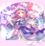 1girl blue_dress breasts butterfly closed_fan dress fan folding_fan hat japanese_clothes no_more obi outstretched_arm pink_eyes pink_hair ribbon saigyouji_yuyuko saigyouji_yuyuko&#039;s_fan_design sash short_hair smile solo touhou triangular_headpiece veil 