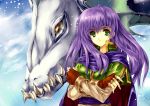  crossed_arms dragon faris_scherwiz final_fantasy final_fantasy_v fingerless_gloves gloves green_eyes headband light_smile long_hair long_sleeves okonogi_noi purple_hair sky syldra teeth 