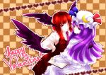  2girls alternate_wings black_wings book checkered checkered_background crescent demon_tail feathers happy_valentine hat head_wings heart highres koakuma long_hair low_wings multiple_girls necktie open_book patchouli_knowledge pocky pocky_kiss purple_eyes purple_hair r_murasaki red_eyes red_hair redhead shared_food tail the_embodiment_of_scarlet_devil touhou valentine vest violet_eyes wings wink 