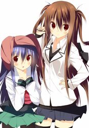  black_legwear black_thighhighs blush brown_hair dekarunanshi_mohoro_byoudouin_gachiko_(takesinobu) highres kuwashima_rein long_hair multiple_girls open_mouth original purple_hair red_eyes school_uniform skirt thigh-highs thighhighs tororo_inniina twintails 