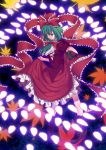  absurdres boots bow danmaku dress frills green_eyes green_hair hair_bow hair_ribbon highres kagiyama_hina leaf ribbon skirt skirt_lift solo tanakana touhou 