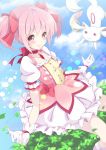  choker dress gloves hair_bow kaname_madoka kisaichi_jin kyubey kyuubee looking_at_viewer mahou_shoujo_madoka_magica outstretched_arms pink_eyes pink_hair promotions puffy_sleeves short_hair short_twintails smile spread_arms twintails 