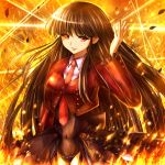  breasts fire long_hair lucifer nin_(female) red_eyes smile solo stakes_of_purgatory umineko_no_naku_koro_ni 