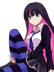  bad_id between_breasts blue_hair breasts green_eyes highres jacket kuro_(1968) kuro_(artist) multicolored_hair necktie panty_&amp;_stocking_with_garterbelt pantyhose pink_hair sitting skirt solo stocking_(character) stocking_(psg) striped striped_legwear striped_thighhighs thighhighs 