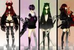  bikini_top black_devil_girl black_gold_saw black_matagi black_rock_shooter boots celestialvalkyrie glasses great_black_sword headphones horns multiple_girls red_eyes sword thighhighs weapon 