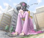  bowing building cloud clouds clumsy copyright_request eichikei_(hakuto) fallen_down fence fisheye flower flying_sweatdrops giantess hair_flower hair_ornament japanese_clothes kimono open_mouth ponytail purple purple_eyes sky smile solo sweat sweatdrop translated violet_eyes 