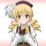  blonde_hair blush drill_hair fingerless_gloves folded_hands gloves gradient hands_together hat long_hair magical_girl mahou_shoujo_madoka_magica shadow simple_background solo takumi_(rozen_garten) tomoe_mami twin_drills twintails yellow_eyes 